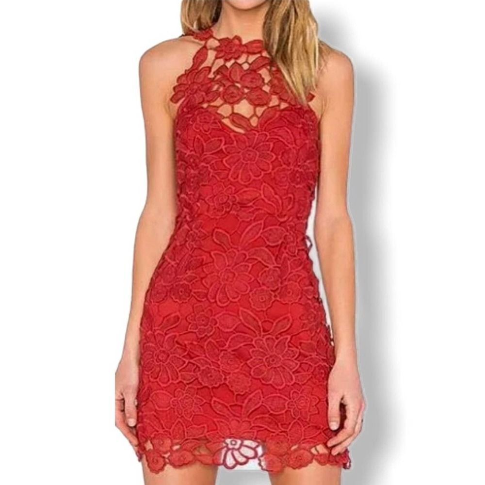 Free People Saylor Red Floral Crochet Dress L